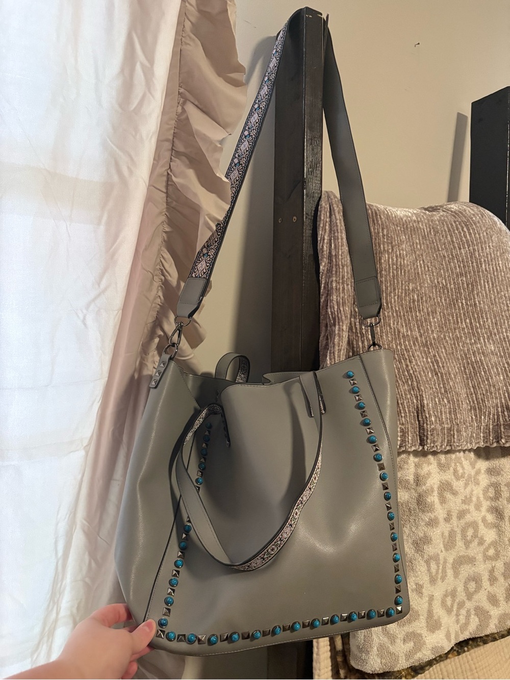 Women's Grey Tote Bag with Turquoise Stud Accents